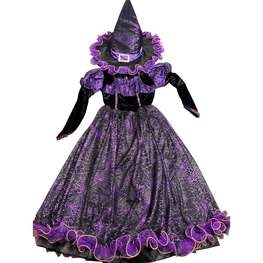 Spooked Witch Costume Kids 6X Purple Black Spider Web Velvet Dress Hat Halloween
